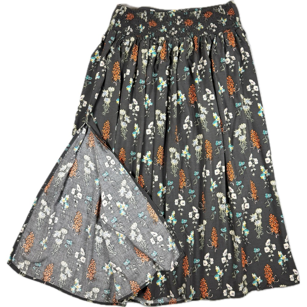 Natural Life Maxi Skirt Womens M Gray Floral Smocked Waist Slit Boho - Picture 4 of 8